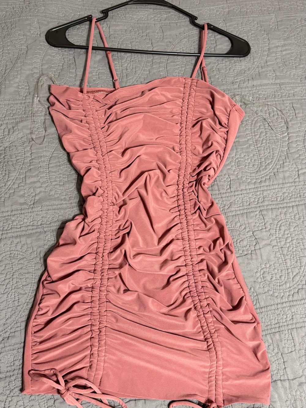 iris Pink Ruched Spaghetti Strap Mini Dress